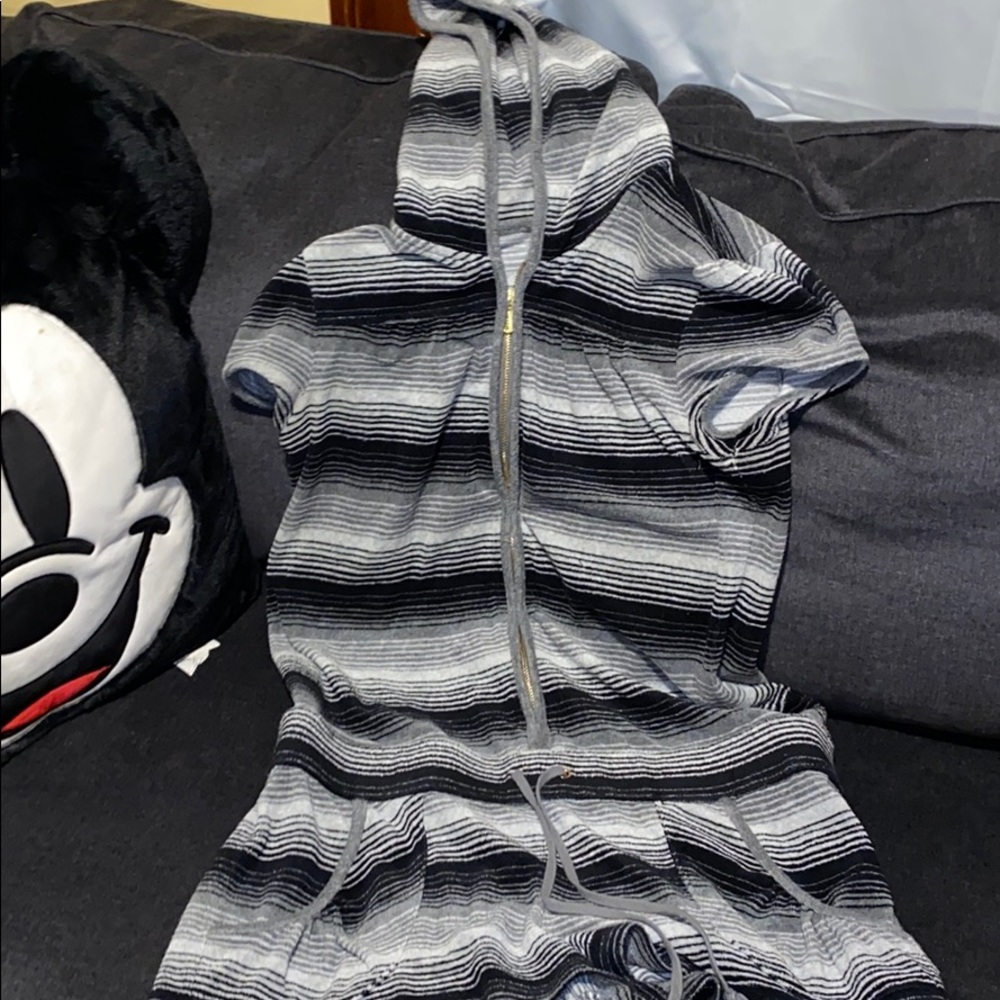 Black and gray striped terry cloth romper.